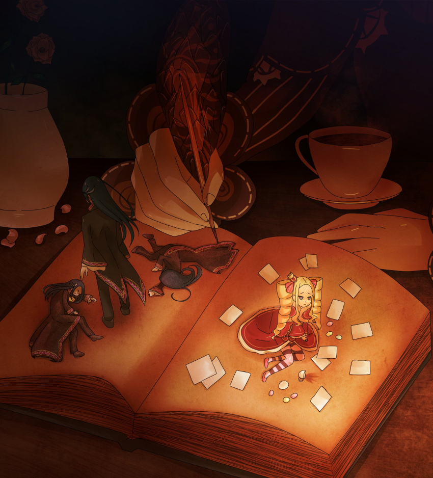beatrice_(re:zero), blonde_hair, book, candy, crown, cup, drill_hair, echidna_(re:zero), flower_pot, food, giant_hand, highres, long_hair, mini_crown, open_book, quill, re:zero_kara_hajimeru_isekai_seikatsu, ringotashi, roswaal_l._mathers, striped_clothes, striped_thighhighs, table, teacup, thigh-highs, twin_drills, wooden_table, writing