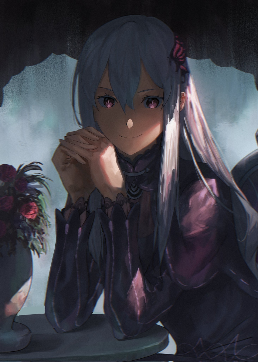 1girl, black_dress, dress, echidna_(re:zero), flower, flower_ornament, flower_pot, grey_hair, hair_between_eyes, highres, indoors, long_hair, long_sleeves, looking_at_viewer, own_hands_together, re:zero_kara_hajimeru_isekai_seikatsu, red_flower, ringotashi, sitting, smile, solo, table, violet_eyes