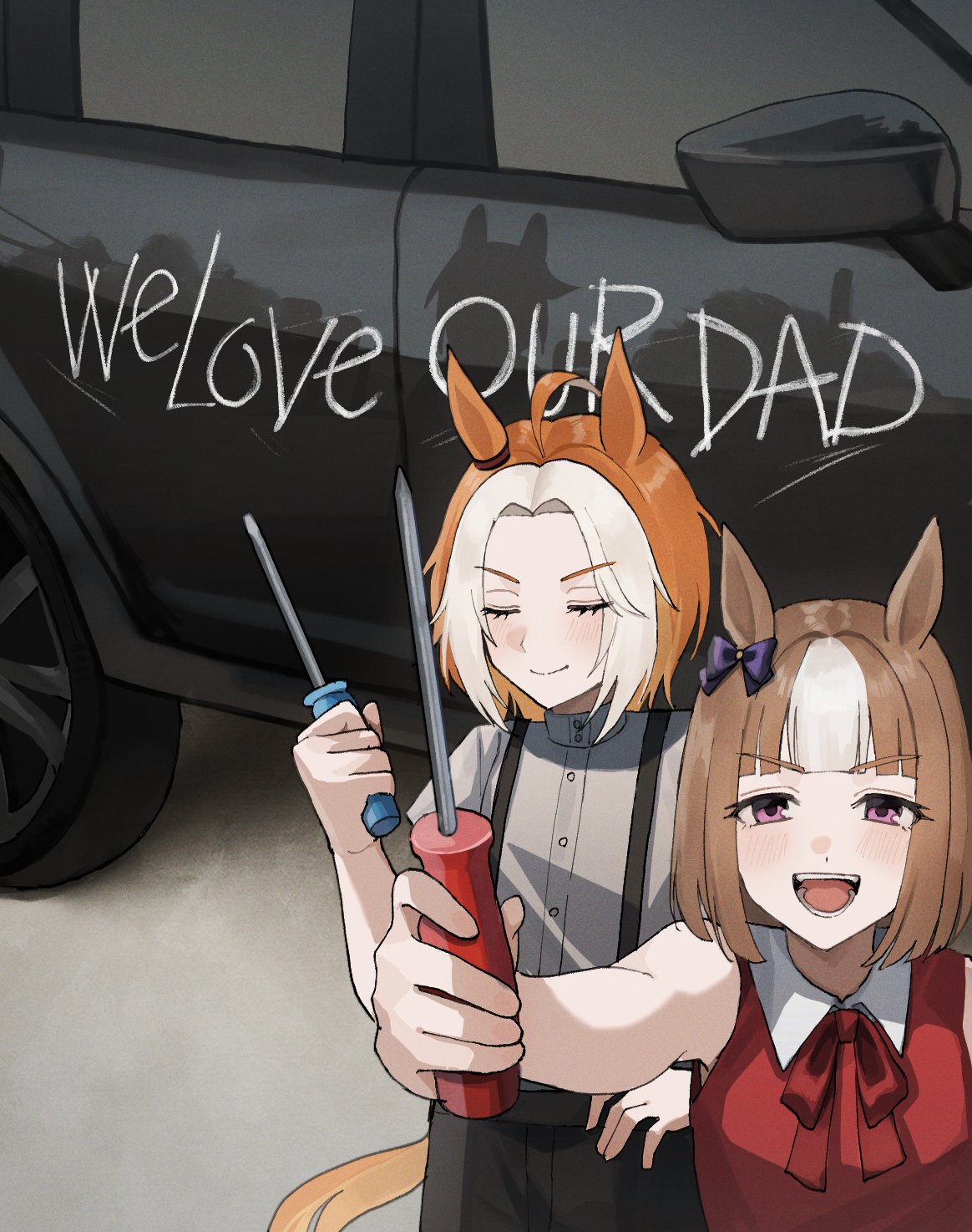 2girls, aged_down, alternate_hair_color, alternate_hair_length, alternate_hairstyle, blunt_bangs, bow, bowtie