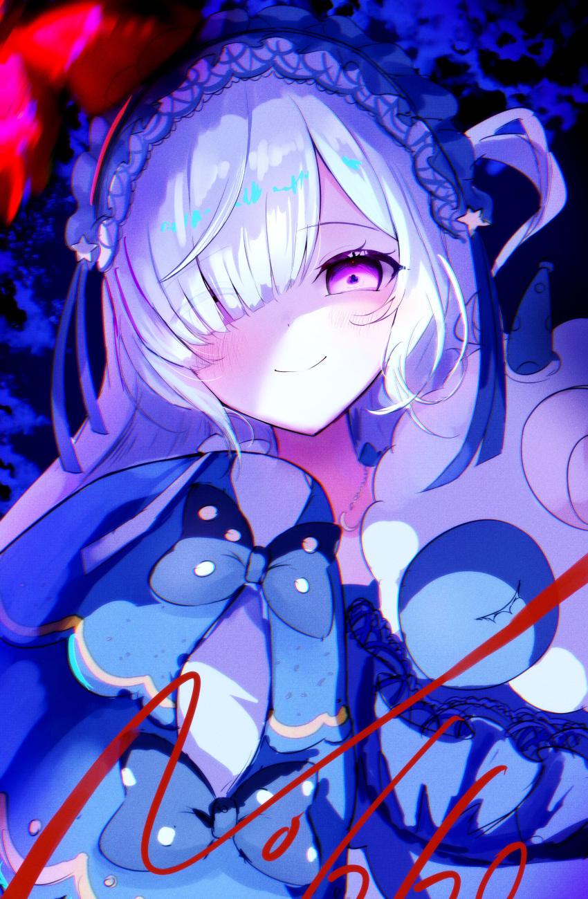 1girl, absurdres, bug, butterfly, glowing, glowing_eyes, gothic_lolita, hair_over_one_eye