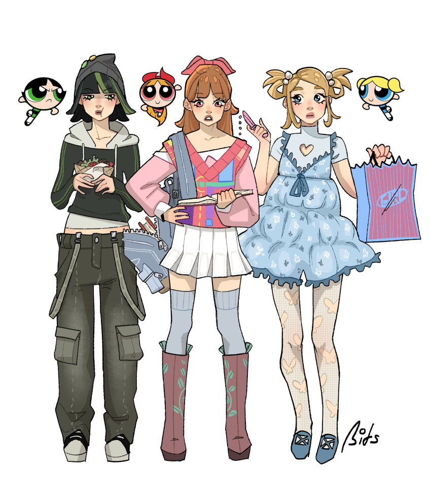 3girls, absurdres, alternate_costume, animal_print, artist_name, bag, beanie, bitsbytits