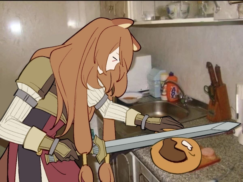 1girl, 1other, animal_ears, armor, armored_gloves, black_dress, breastplate, brown_gloves, brown_hair, chinese_commentary, commentary_request, cowboy_shot, crying, crying_with_eyes_open, cutting, dice657523, dress, dripping_eye, elbow_gloves, flat_color, gloves, holding, holding_sword, holding_weapon, leather_armor, long_hair, looking_at_monster, meme, meme_request, metal_arm_cuffs, metal_wrist_cuffs, pauldrons, photo_background, pinstripe_dress, pinstripe_pattern, raccoon_ears, raccoon_girl, raccoon_tail, raphtalia, red_dress, red_eyes, shoulder_armor, single_pauldron, sword, tail, tate_no_yuusha_no_nariagari, tearing_up, tears, two-tone_dress, weapon, white_dress