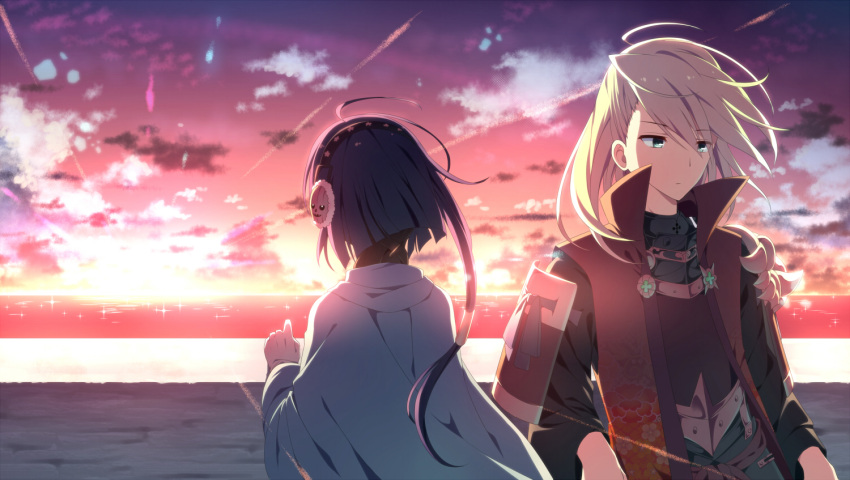 1boy, 1girl, ahoge, blonde_hair, cloak, horizon, kujura_(sekaiju), long_hair