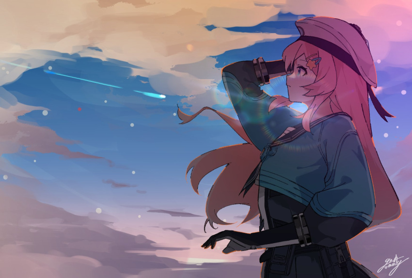 1girl, blue_eyes, fate_trigger:_the_novita, hair_ornament, hairpin, hands_up, hat, highres
