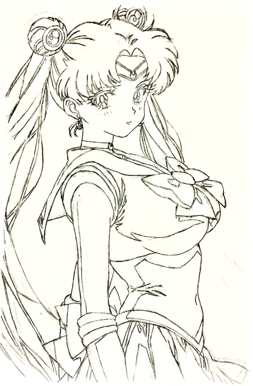 1girl, back_bow, bishoujo_senshi_sailor_moon, bow, bowtie, breasts, brooch, circlet, commentary_request, crescent, double_bun, elbow_gloves, gloves, graphite_(medium), hair_bun, hair_ornament, highres, i4teruz, jewelry, long_hair, looking_at_viewer, looking_back, medium_breasts, miniskirt, parted_bangs, pleated_skirt, sailor_collar, sailor_moon, skirt, solo, traditional_media, tsukino_usagi, twintails