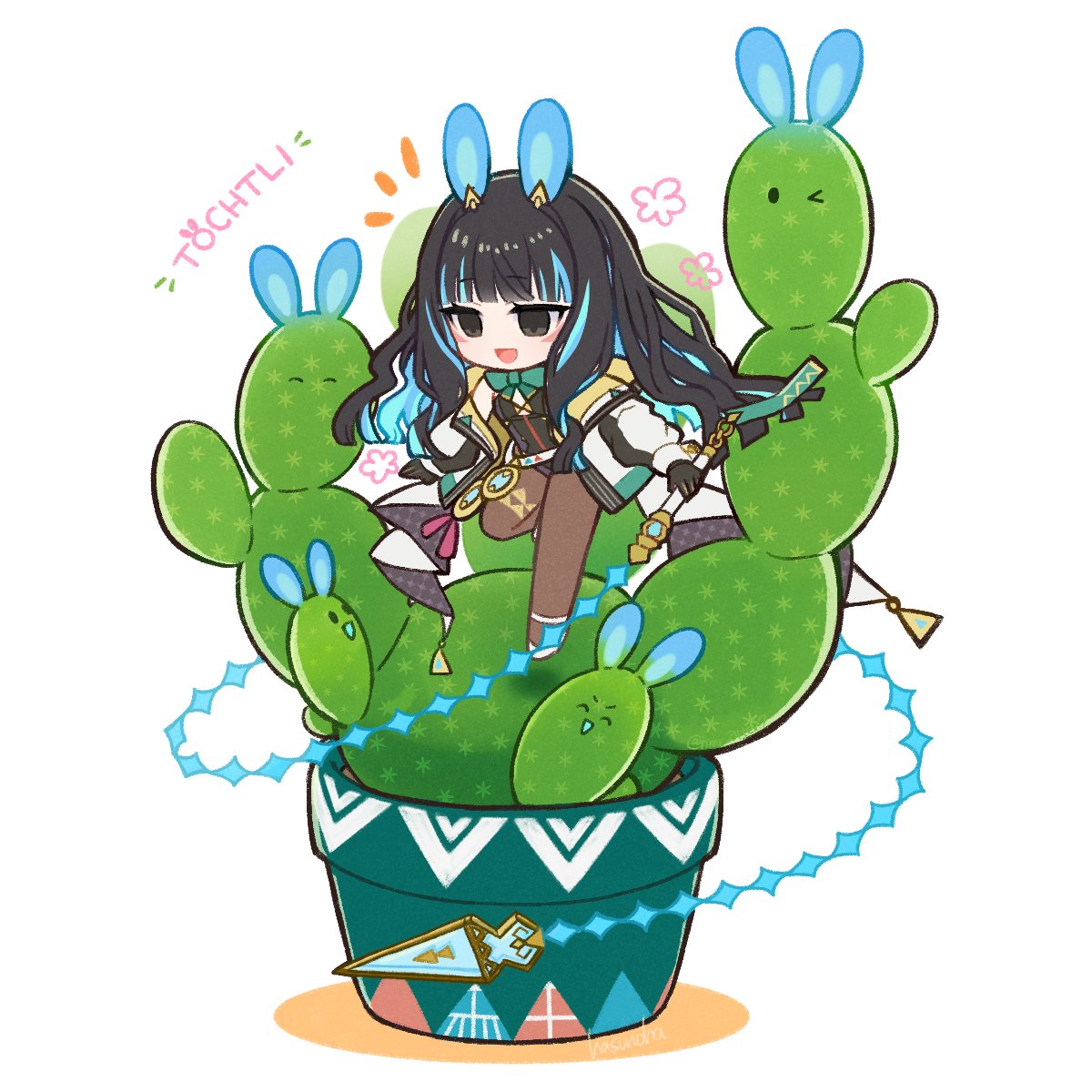 1girl, animal_ears, black_hair, black_leotard, blue_hair, brown_pantyhose, cactus, colored_inner_hair