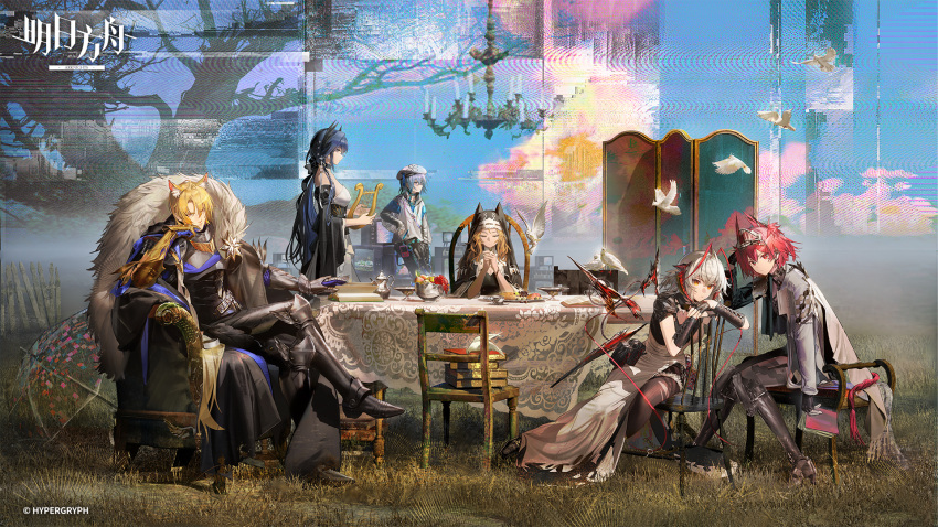 2boys, 4girls, ahoge, animal_ears, archetto_(arknights), archetto_(glory_of_the_devout)_(arknights), arknights, artist_request
