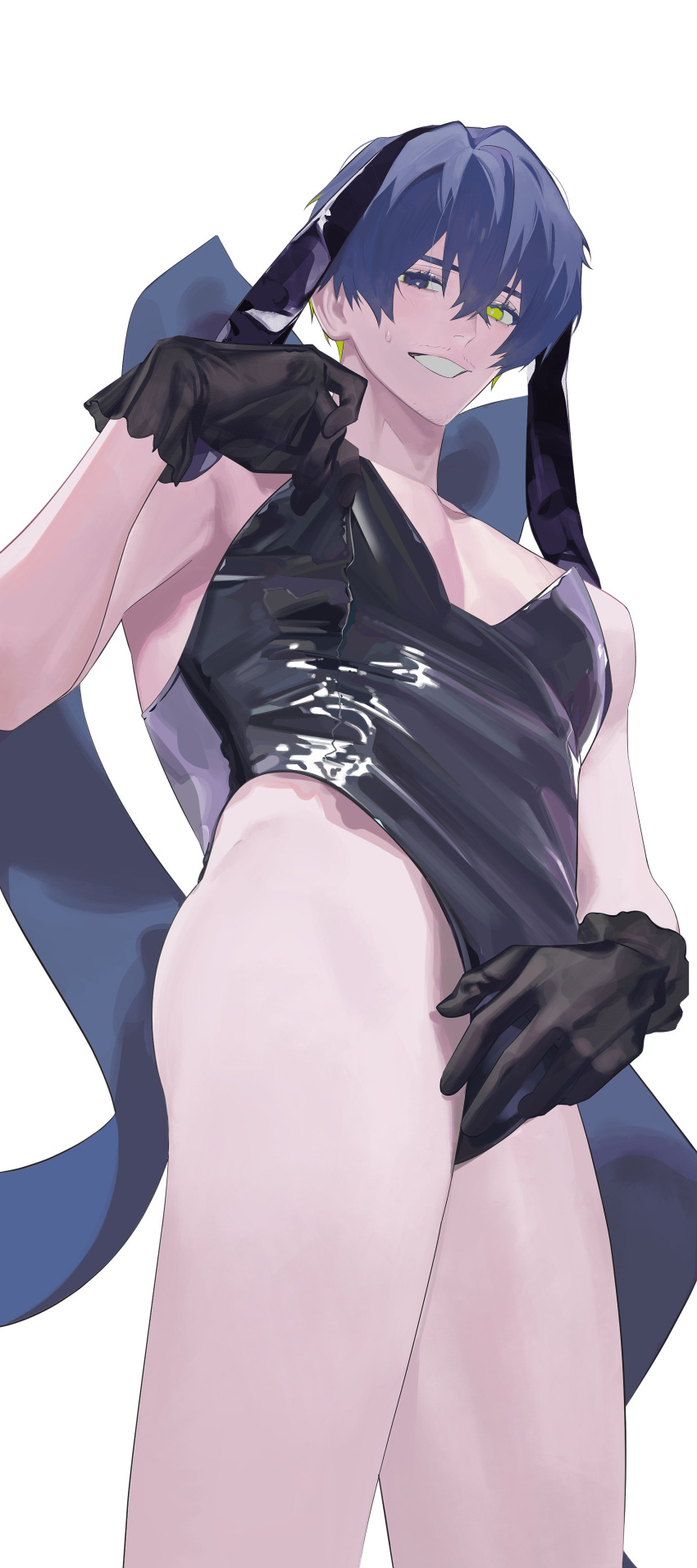 1boy, absurdres, alternate_costume, animal_ears, beard_stubble, black_gloves, blue_eyes, blue_lock