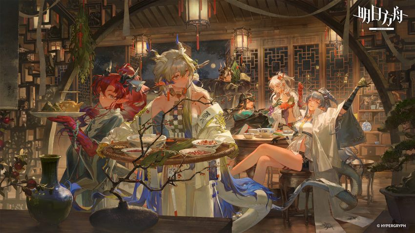 2boys, 4girls, arknights, black_hair, blue_hair, brother_and_sister, brothers, chinese_commentary