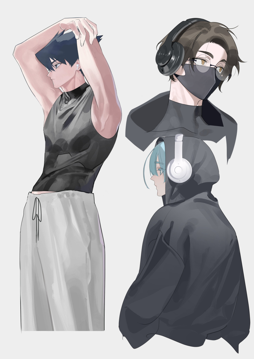 3boys, absurdres, alternate_costume, aqua_eyes, aqua_hair, armpits, arms_up, black_hair