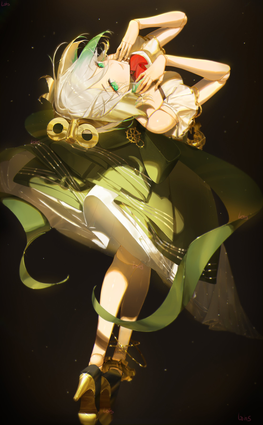 1girl, absurdres, black_background, cecilia_immergreen, from_behind, full_body, green_eyes, green_skirt