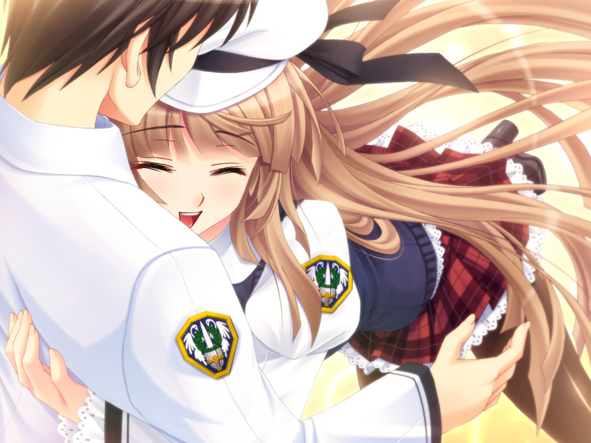 brown_hair, game_cg, hat, hug, kudoriya_fuuka, renai_saimin, seifuku
