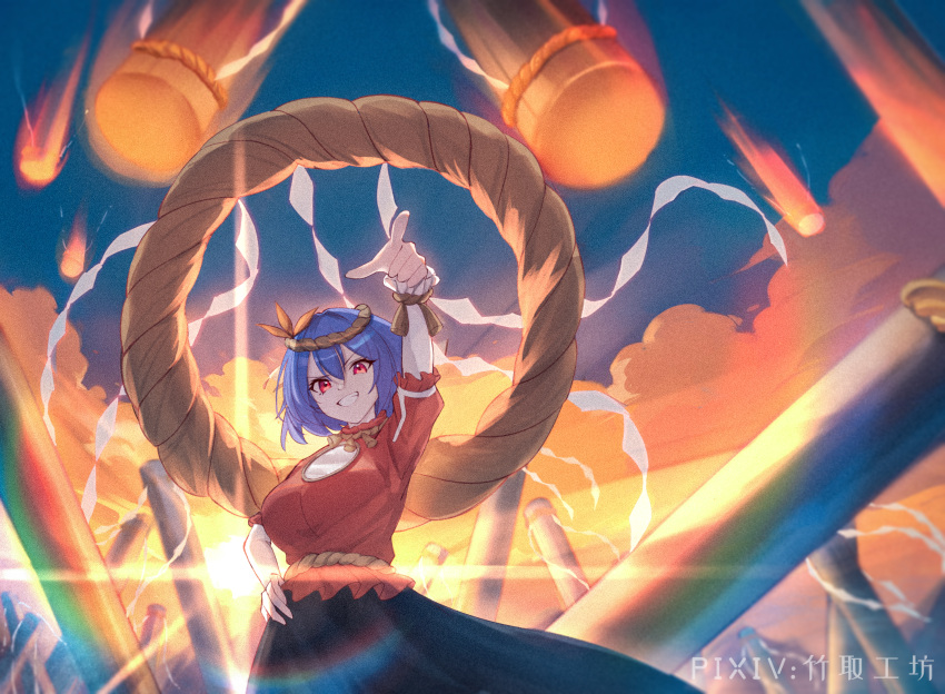 1girl, arm_up, black_skirt, blue_hair, breasts, flare, hair_ornament, highres