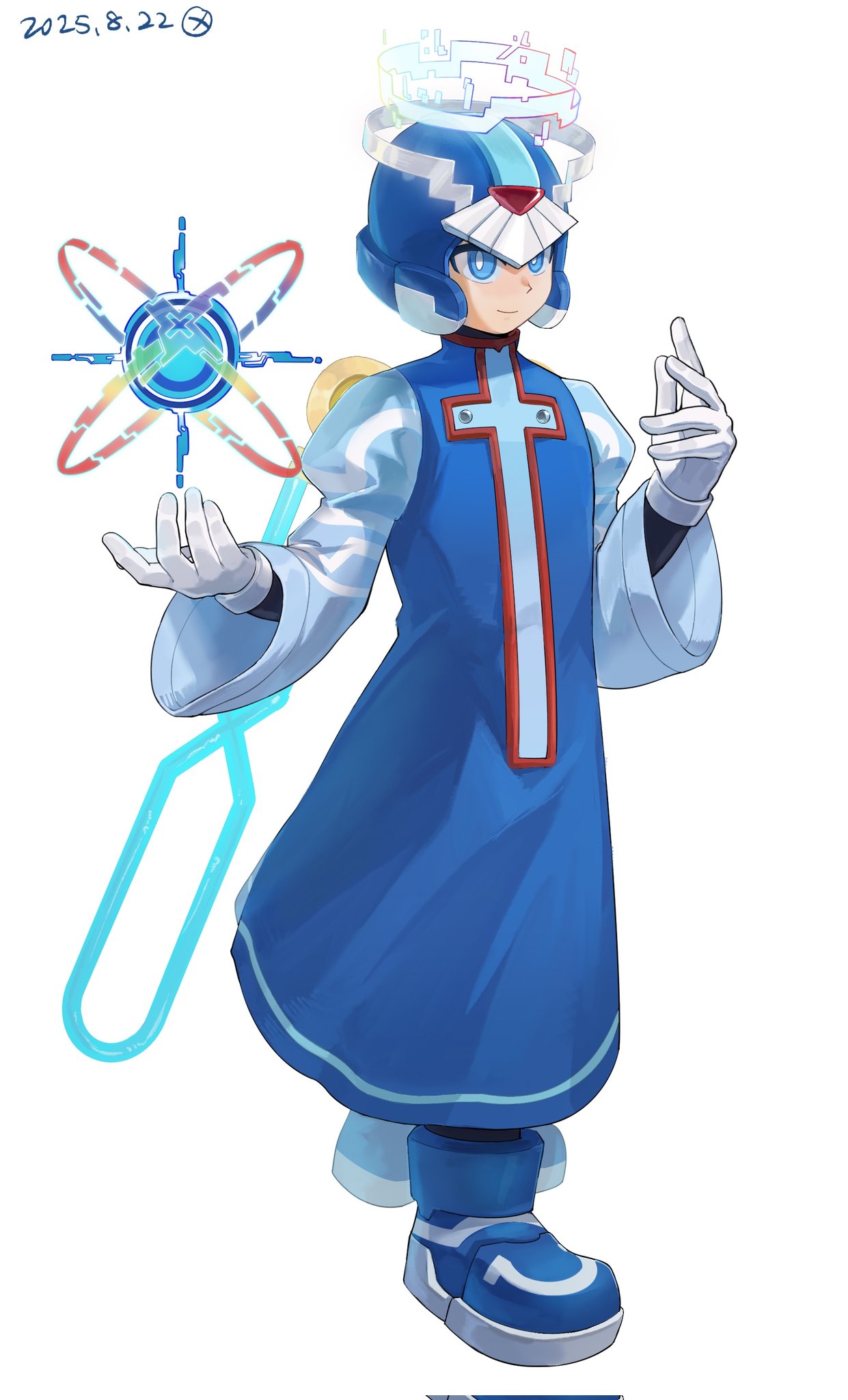 1boy, blue_helmet, blue_robe, corrupted_twitter_file, cyber_elf_x_(mega_man), forehead_jewel, full_body, halo