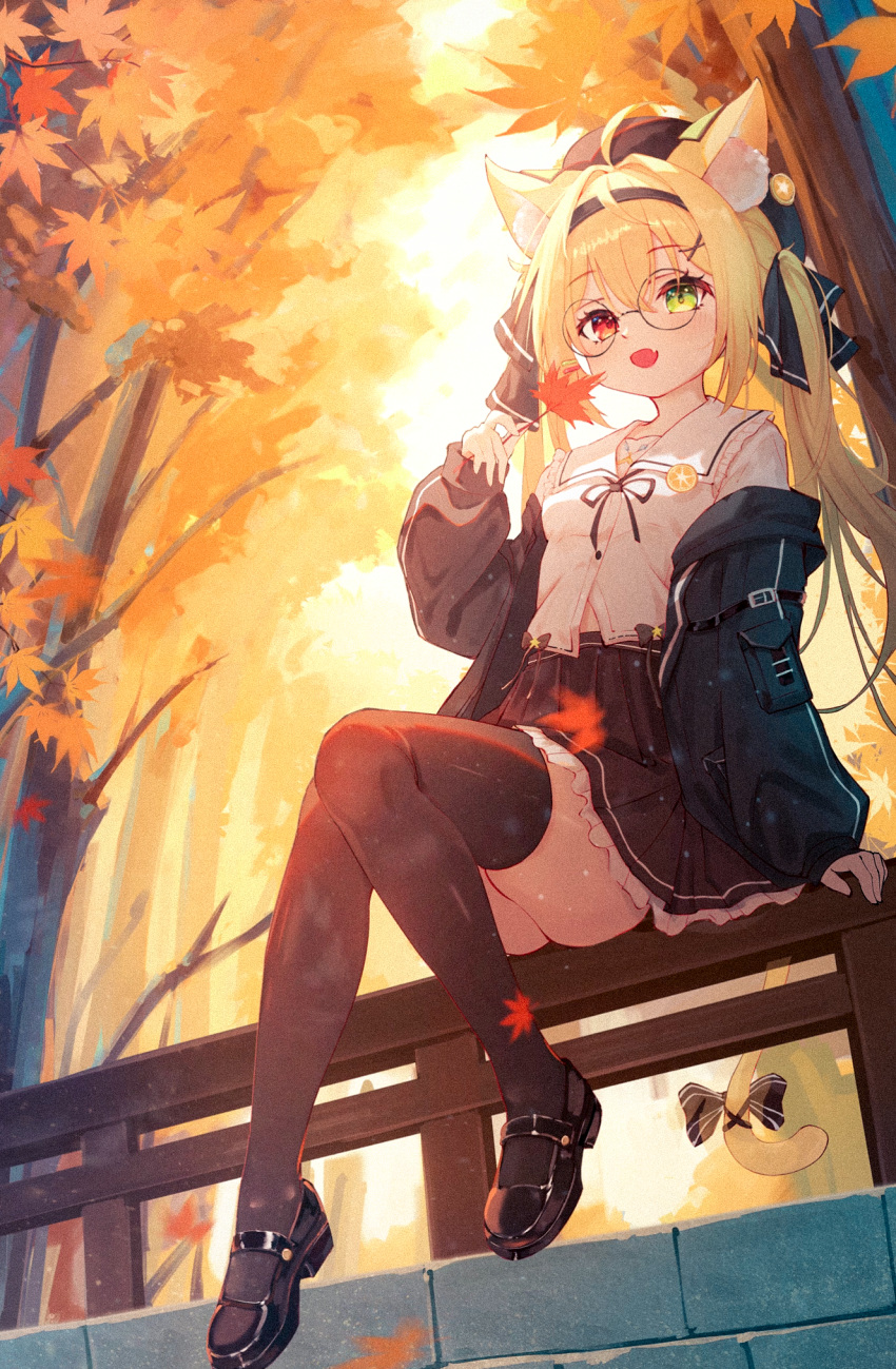 animal_ears, autumn_leaves, black_thighhighs, brick_wall, cat_ears, cat_girl, denghuo_ju_(vtuber), green_eyes