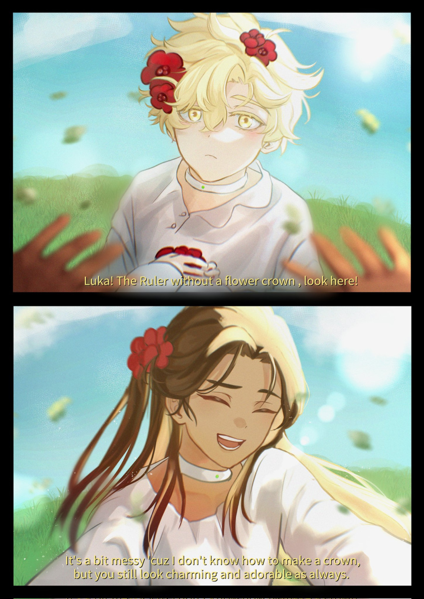 1boy, 1girl, alien_stage, blonde_hair, brown_hair, choker, closed_eyes, dark-skinned_female, dark_skin, english_text, flower, hair_flower, hair_ornament, highres, hyuna_(alien_stage), luka_(alien_stage), red_flower, shirt, smile, syrea00, white_choker, white_shirt, yellow_eyes