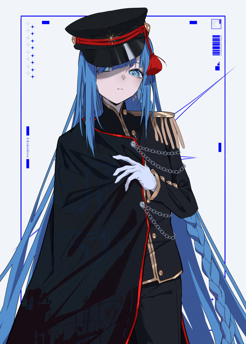 1girl, absurdres, black_cape, black_hat, black_jacket, black_pants, blue_eyes, blue_hair