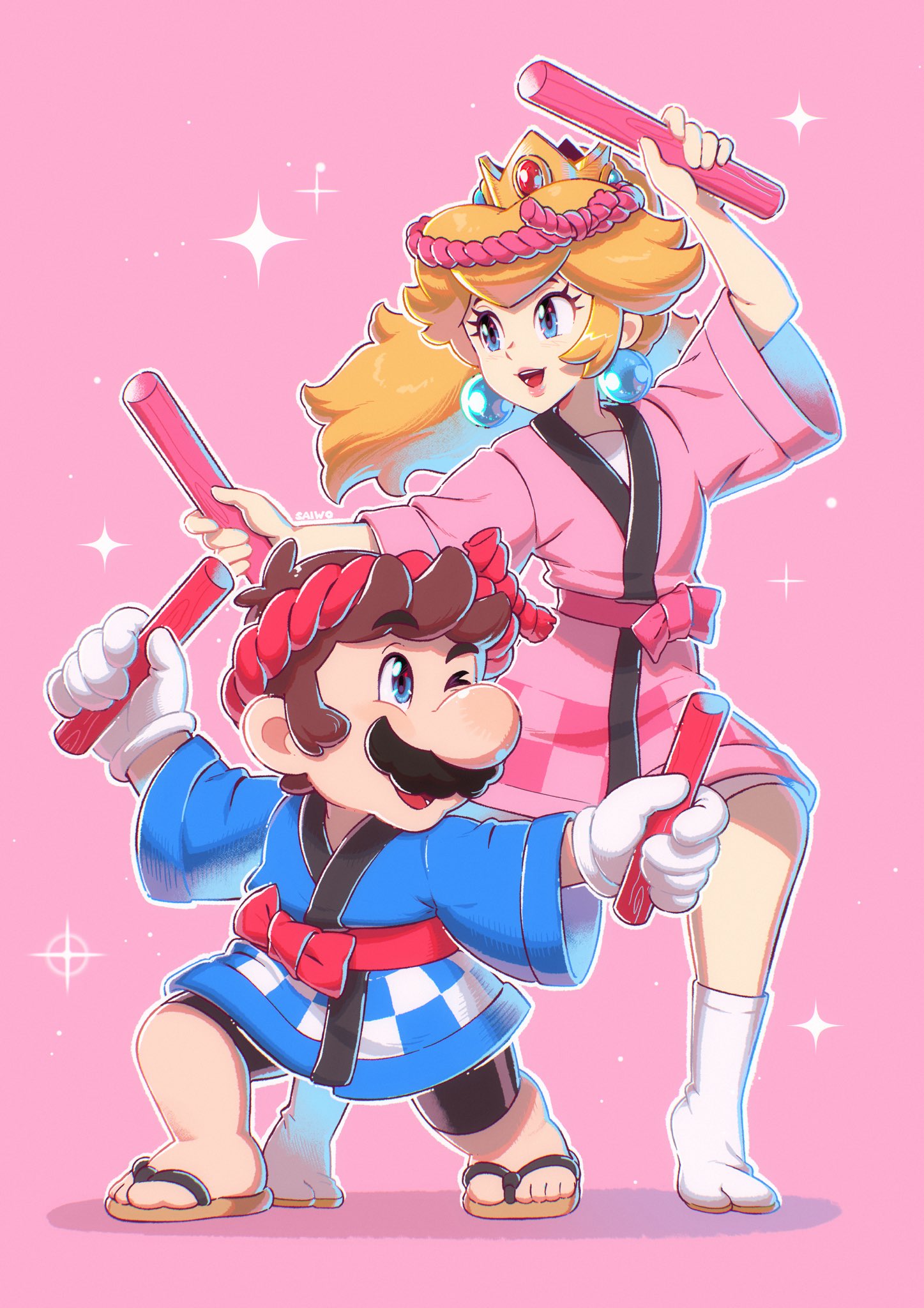 1boy, 1girl, blonde_hair, blue_eyes, blue_happi, breasts, brown_hair, crown