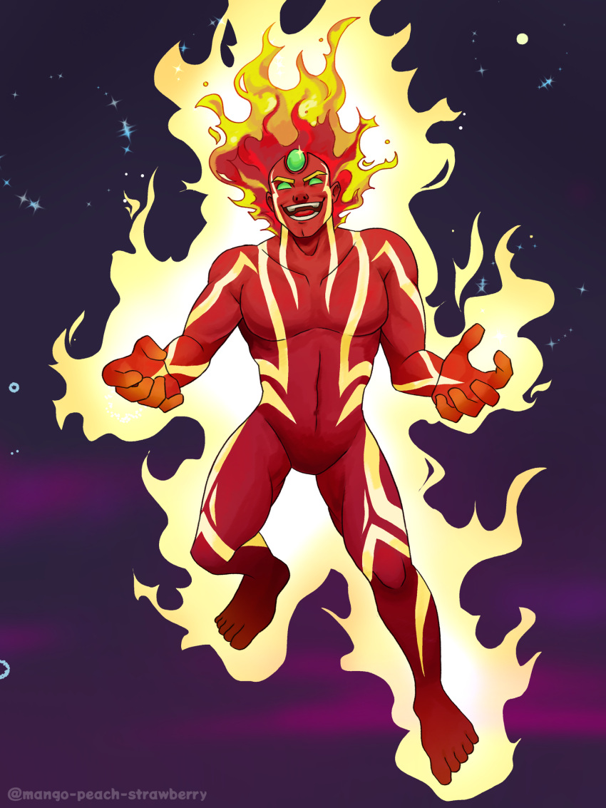 1boy, collarbone, colored_skin, fiery_hair, fire, forehead_jewel, full_body, green_eyes