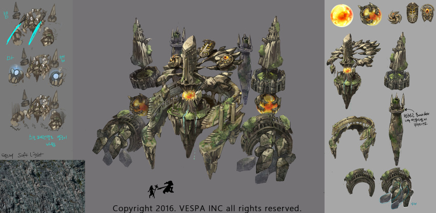 1boy, 1girl, 1other, commentary, concept_art, crystal, disembodied_hand, english_commentary, floating_rock, frey_(king's_raid), giant, giant_hand, giant_monster, golem, grass, highres, ji_yu_lee, kasel_(king's_raid), king's_raid, korean_text, magic, moss, mountain_fortress_(king's_raid), official_art, stairs, stone_hands, stone_pillar, translation_request, tree