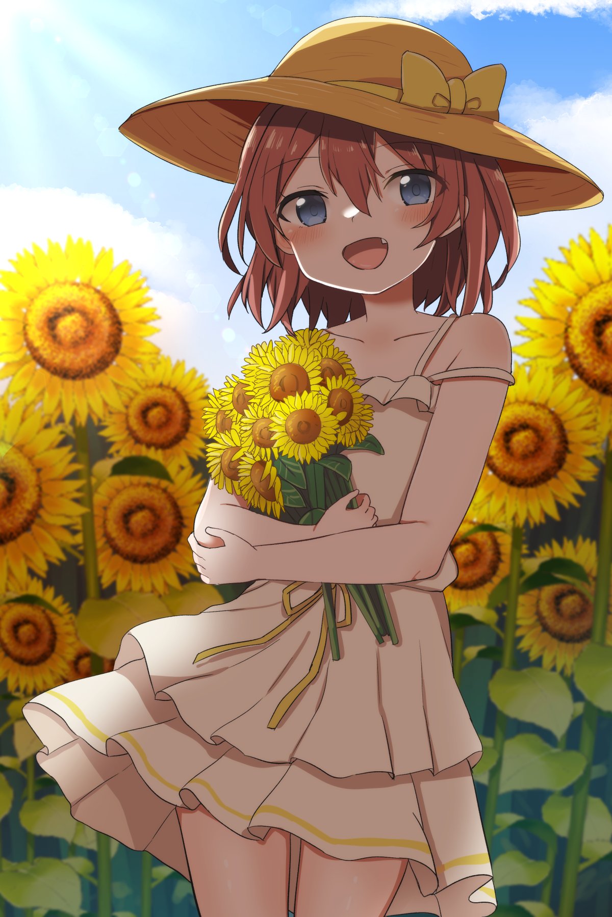 1girl, :d, blue_sky, blush, brown_hair, collarbone, day, dress