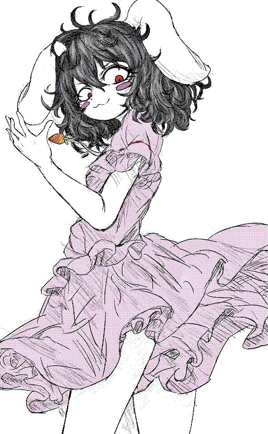 1girl, animal_ears, black_hair, blush_stickers, carrot_necklace, closed_mouth, colored_skin, cowboy_shot, dress, floppy_ears, frilled_sleeves, frills, hair_between_eyes, highres, inaba_tewi, inu_no_nou_saibou, jewelry, looking_at_viewer, medium_hair, messy_hair, necklace, pink_dress, rabbit_ears, rabbit_girl, red_eyes, simple_background, smile, solo, touhou, white_background, white_skin