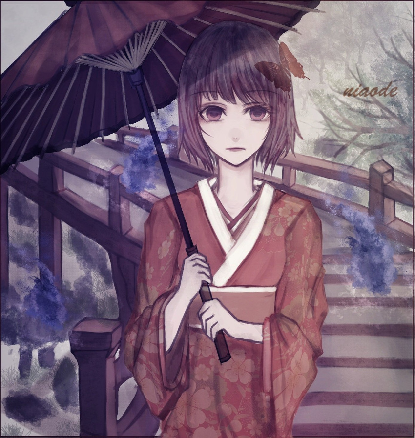 1girl, brown_hair, bug, butterfly, closed_mouth, expressionless, highres, holding, holding_umbrella, japanese_clothes, kimono, looking_at_viewer, niaode, original, outdoors, short_hair, sitting, sitting_on_stairs, solo, stairs, standing, straight_hair, tree, umbrella, violet_eyes