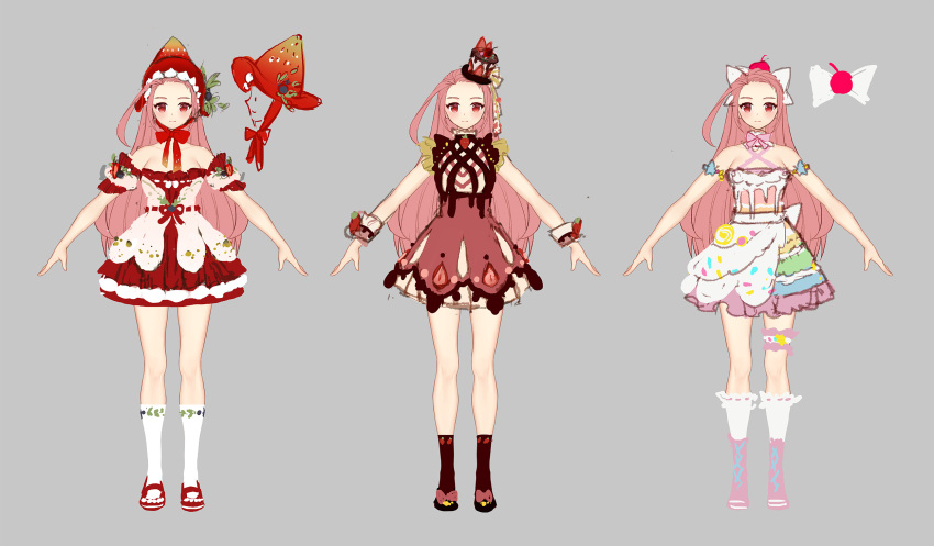 1girl, black_shoes, blue_dress, bonnet, brown_socks, cake, cherry_hair_ornament, chocolate