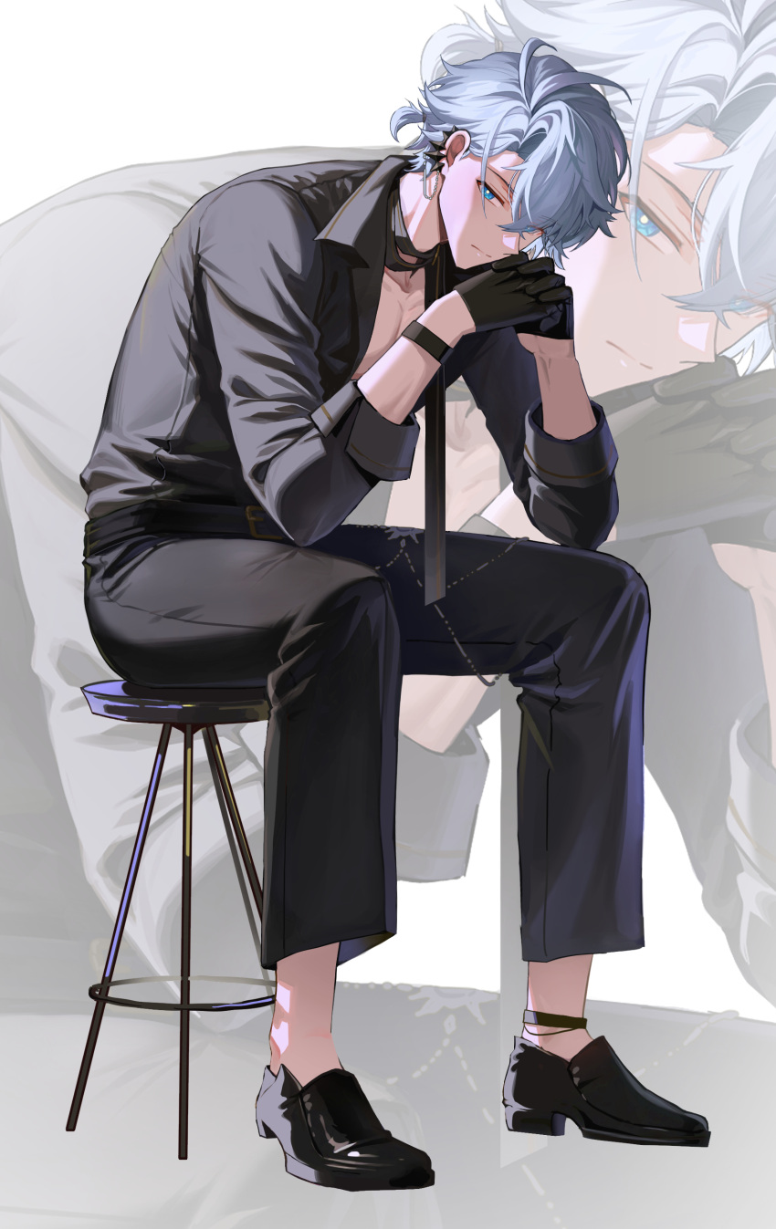 1boy, absurdres, ahoge, antenna_hair, belt, belt_collar, black_ankleband, black_belt