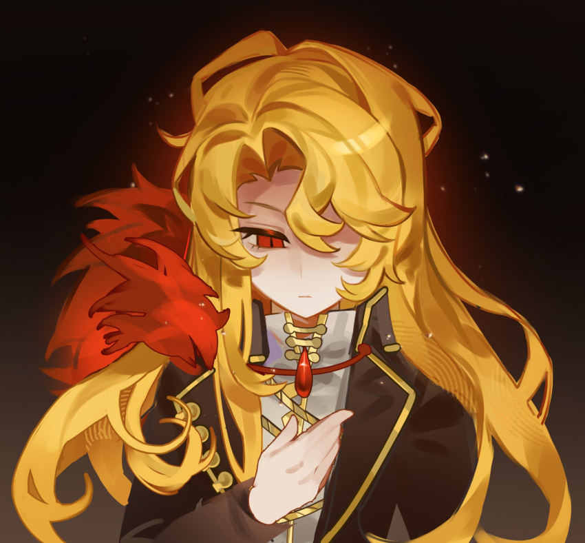 1girl, black_coat, blonde_hair, closed_mouth, coat, don_quixote_(project_moon), feather_boa, gem, grey_background, highres, la_manchaland_(identity)_(project_moon), limbus_company, long_hair, long_sleeves, looking_at_object, parted_bangs, project_moon, red_eyes, red_gemstone, roier, sancho_(project_moon), shirt, simple_background, solo, upper_body, white_shirt