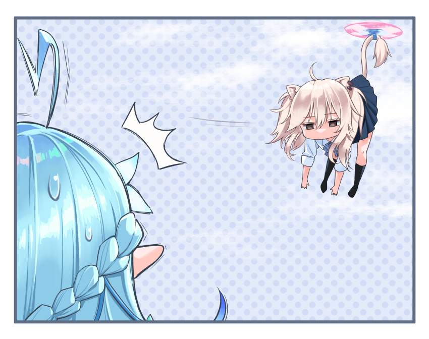2girls, ^^^, ahoge, alternate_costume, animal_ear_piercing, animal_ears, black_socks, blue_hair