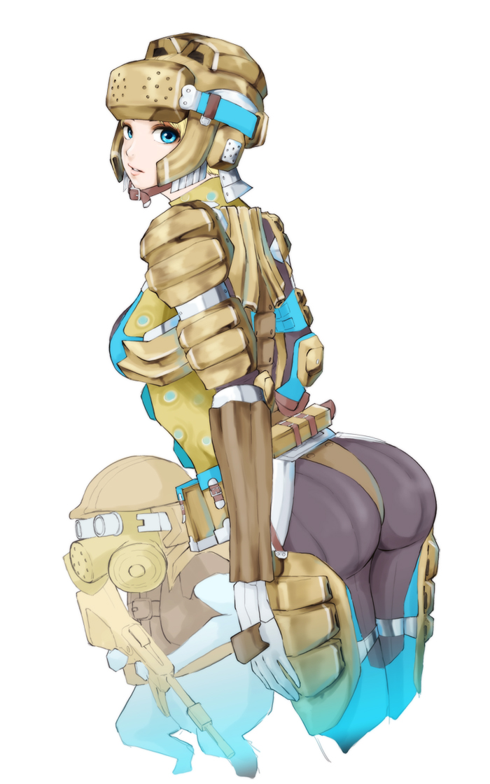 blonde_hair, blue_eyes, bodysuit, felyne, gas_mask, gun, hapurubokka_(armor), helmet