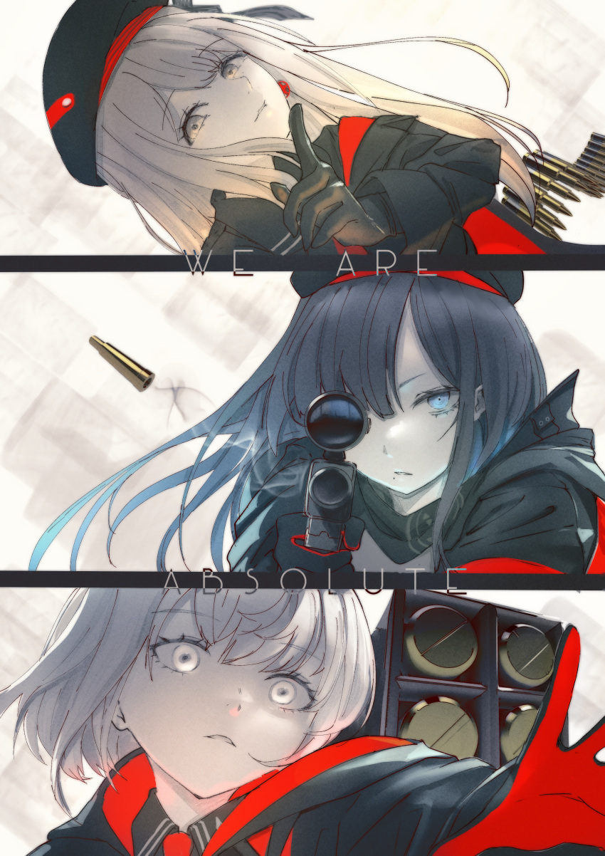 3girls, absolute_(nikke), absurdres, beret, black_gloves, black_hair, black_jacket, blue_eyes