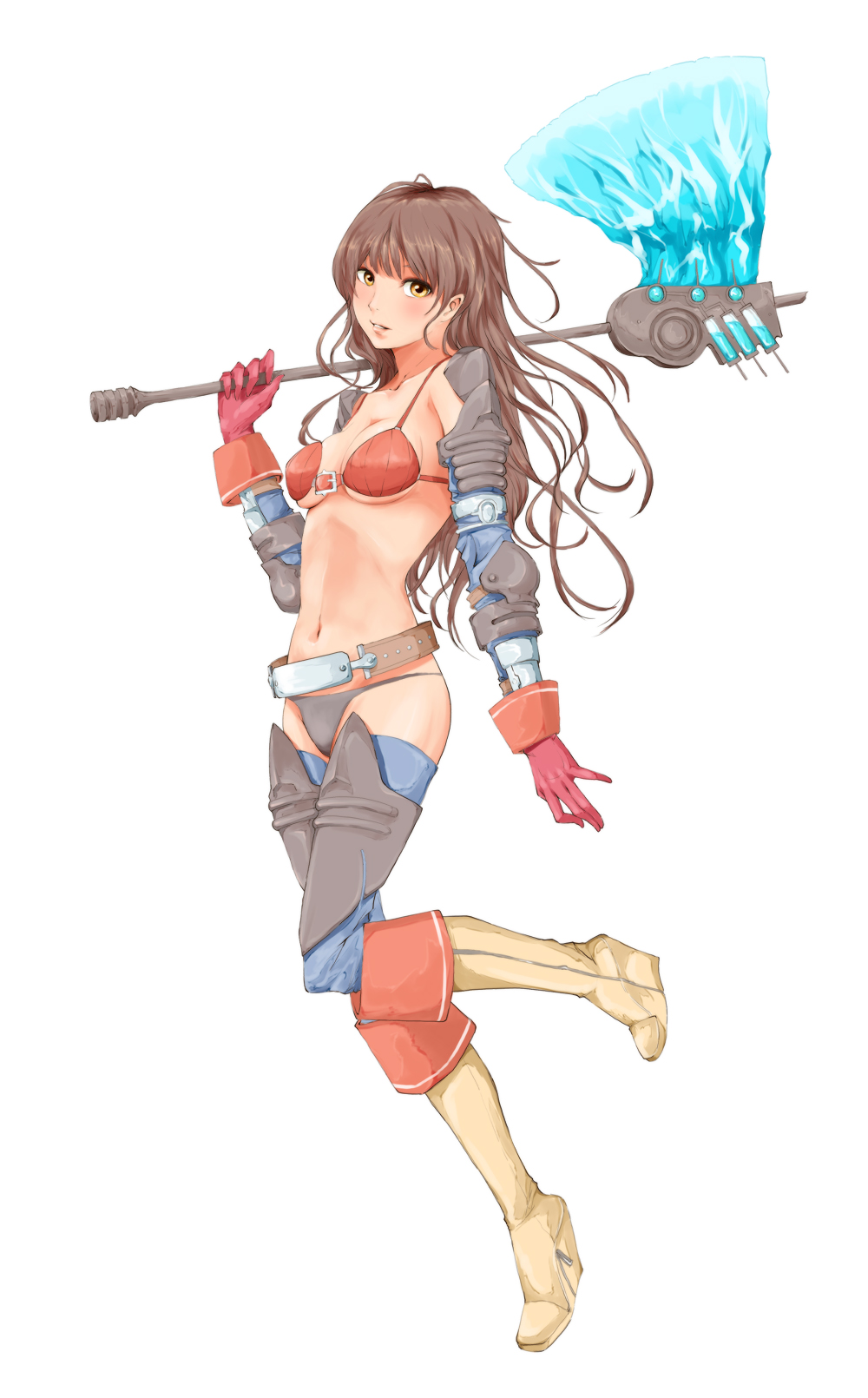 armor, axe, belt, bikini_armor, boots, breasts, brown_hair, gloves