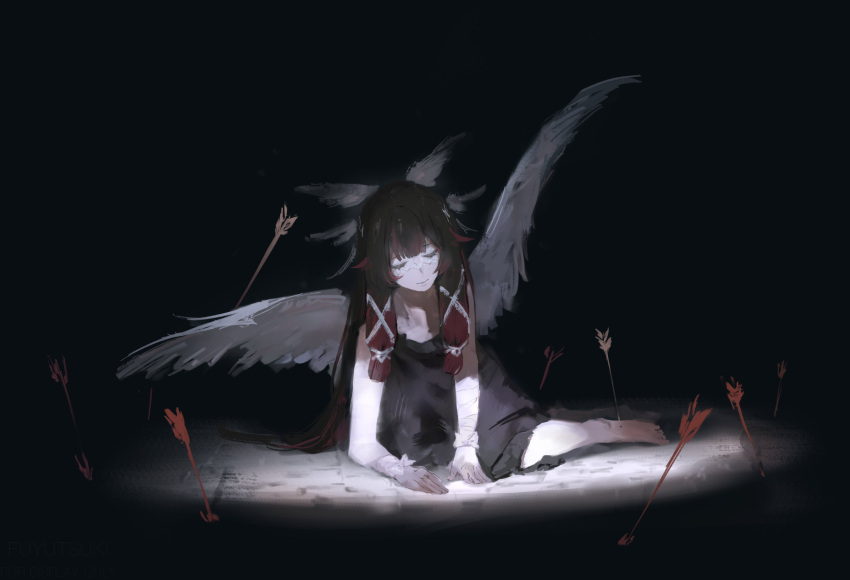 1girl, absurdres, arm_bow, arm_support, arrow_(projectile), bandaged_arm, bandages, barefoot