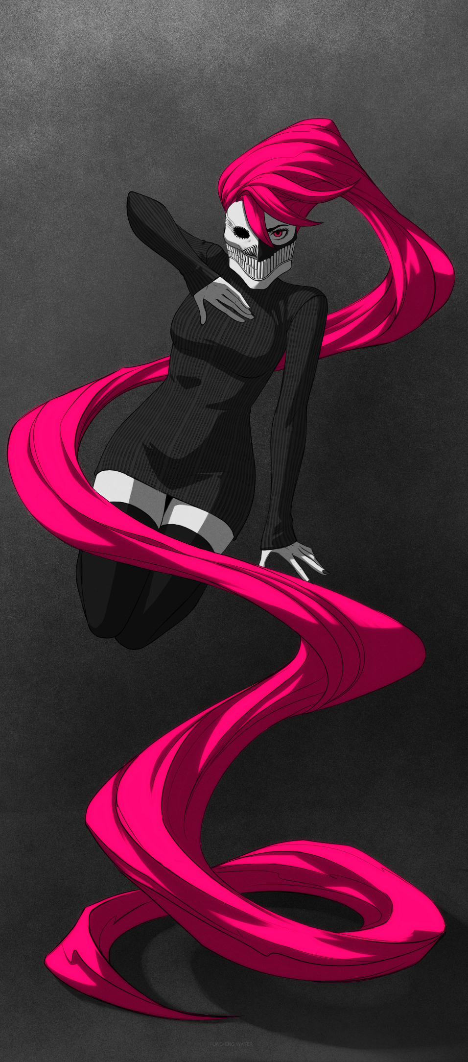 1girl, absurdly_long_hair, acrobatic_silky_(dandadan), alternate_form, asymmetrical_mask, black_dress, black_thighhighs, dandadan, dress, grey_background, highres, long_hair, looking_at_viewer, mask, pink_eyes, pink_hair, punchingwater, shiratori_aira_(dandadan), solo, thigh-highs, very_long_hair
