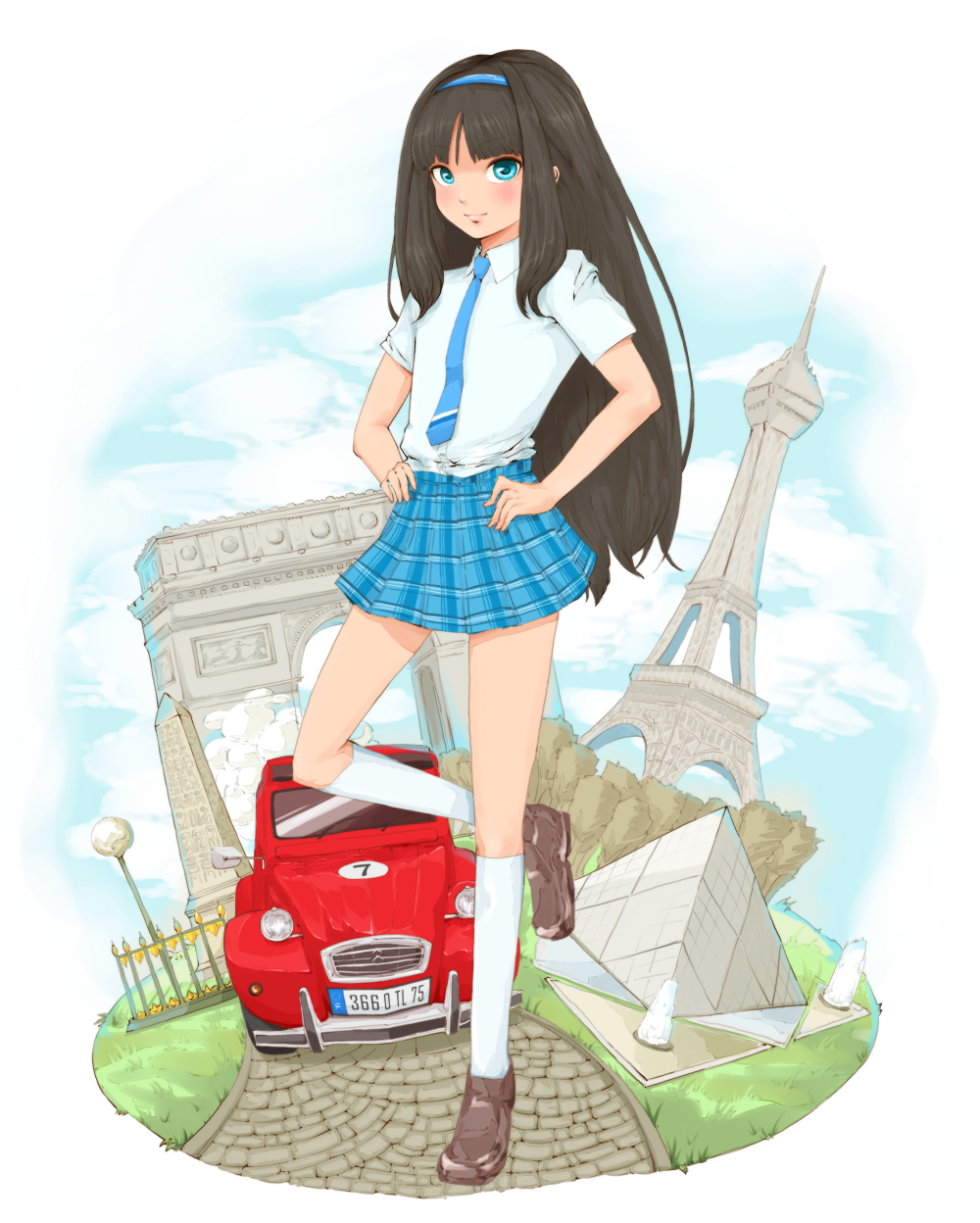 black_hair, blue_eyes, car, cloud, clouds, eiffel_tower, france, hairband