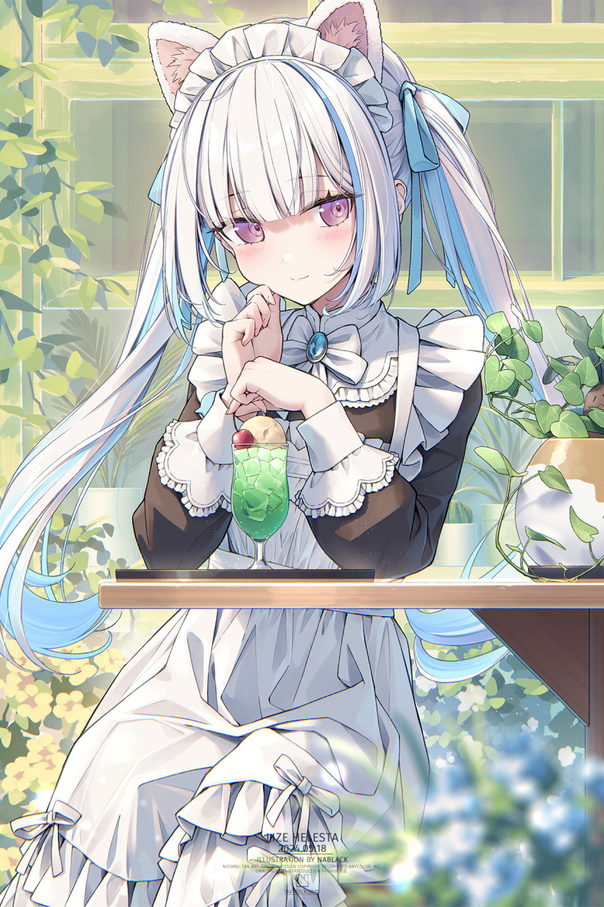 1girl, animal_ears, apron, artist_name, black_dress, blue_brooch, blue_hair, blue_ribbon