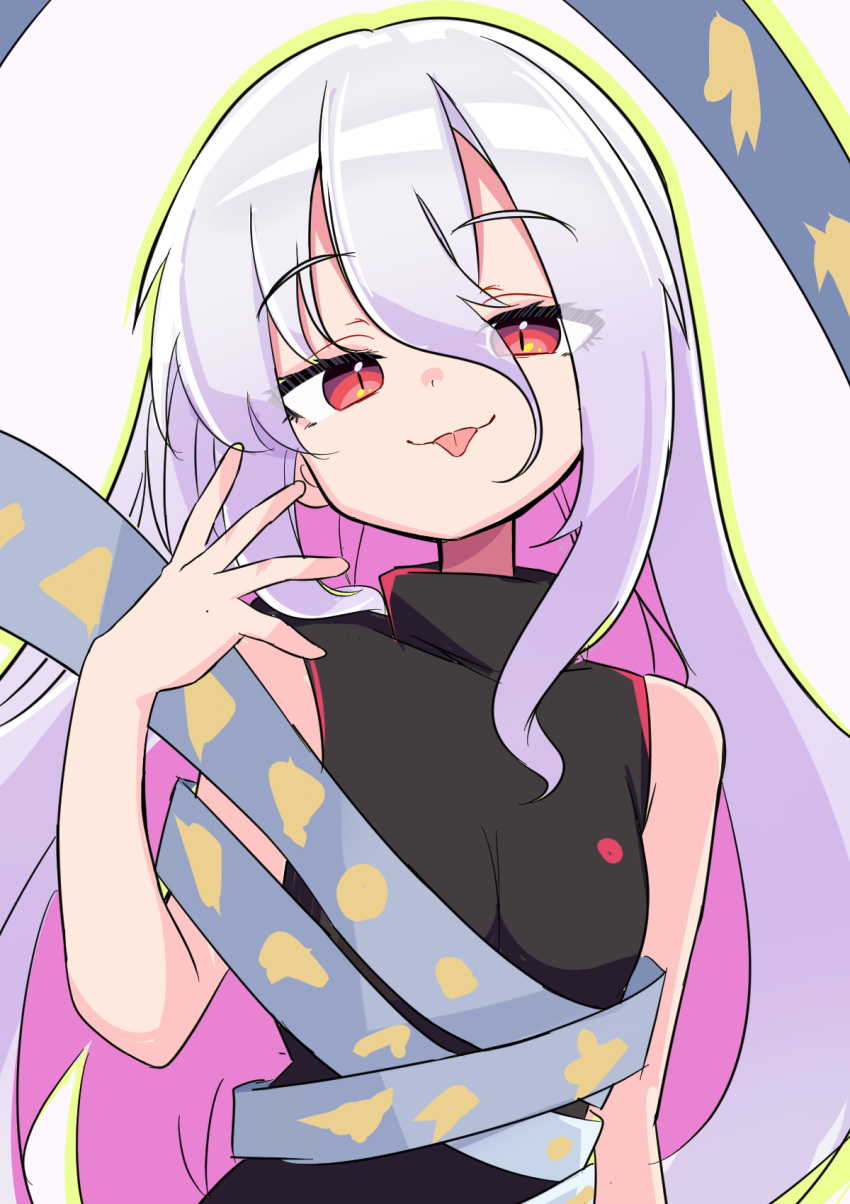 1girl, :p, aged_down, black_dress, breasts, colored_inner_hair, dress, half-closed_eyes