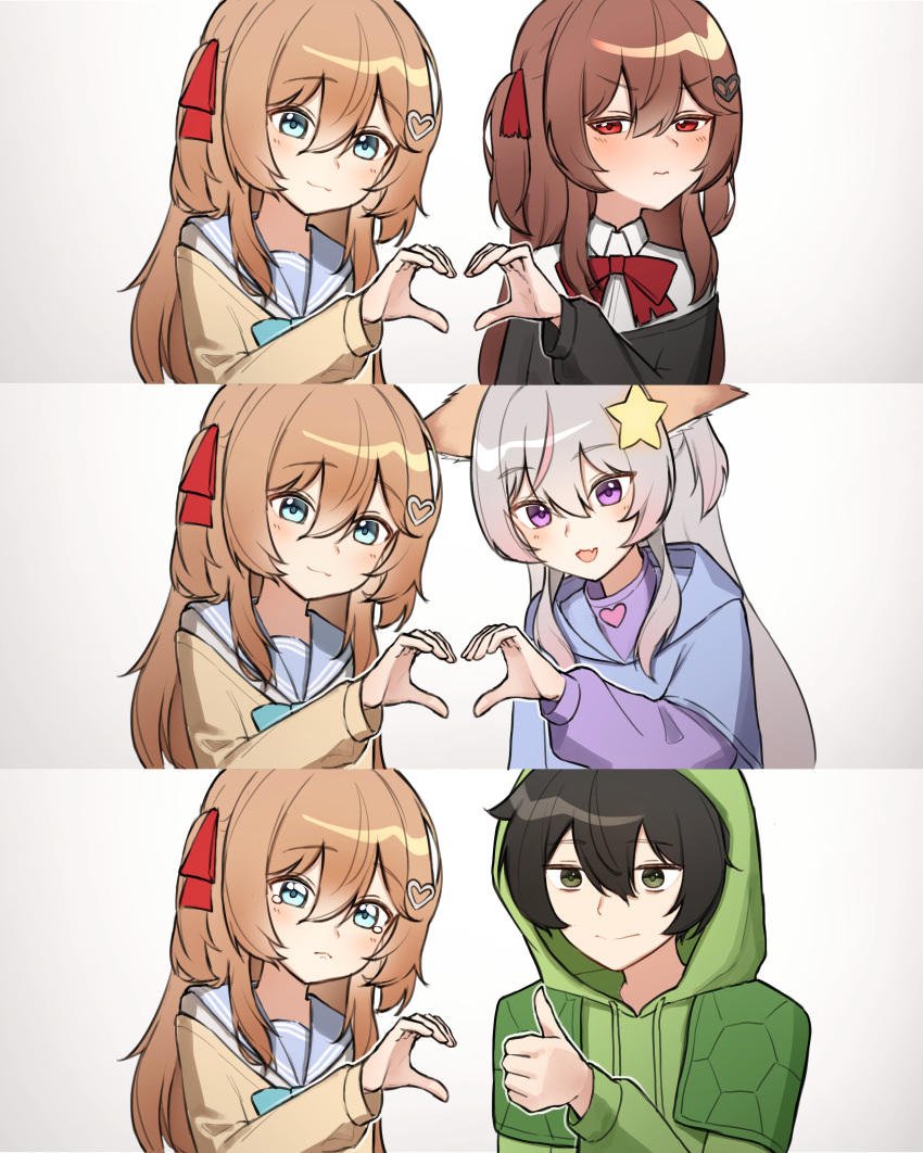 1boy, 3girls, absurdres, animal_ears, annytf, aqua_bow, aqua_bowtie, black_cardigan
