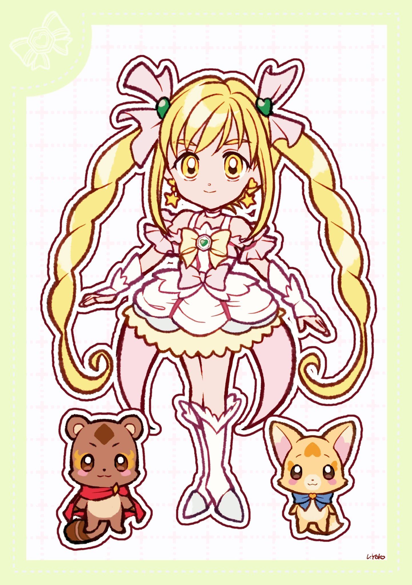 1girl, :3, arm_warmers, arms_at_sides, bare_shoulders, blonde_hair, blue_bow, blue_bowtie