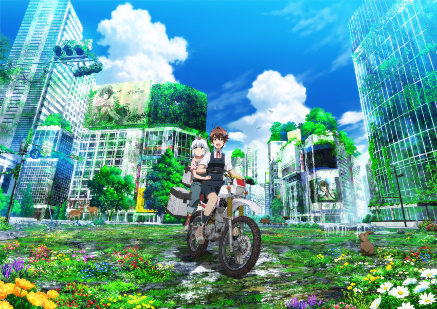 2girls, ahoge, airi_(shuumatsu_touring), black_overalls, blue_sky, blunt_bangs, brown_eyes, brown_hair