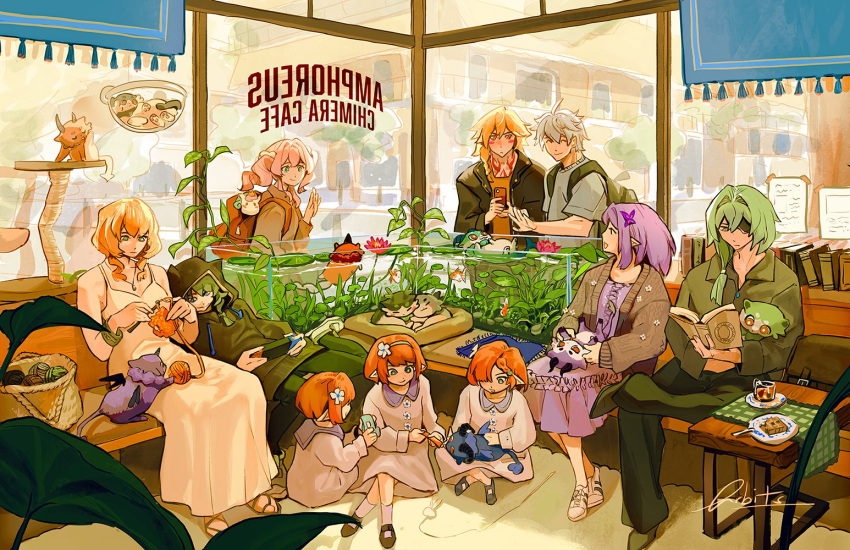 3boys, 6+girls, aglaea_(honkai:_star_rail), ahoge, alternate_costume, anaxa_(honkai:_star_rail), animal_hood, backpack