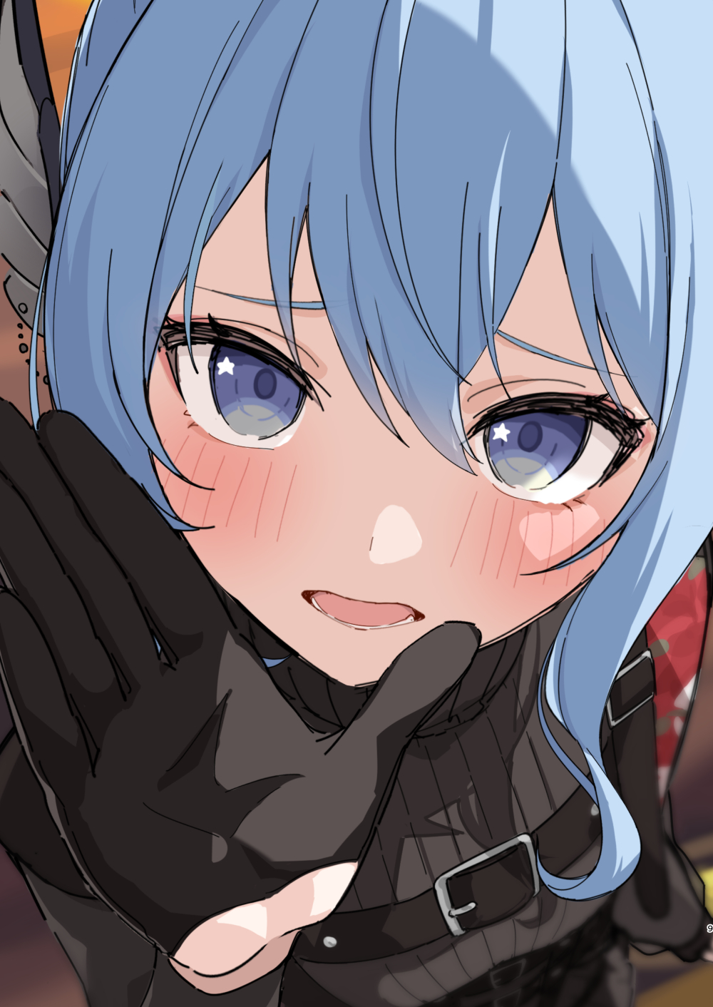 1girl, black_shirt, blue_eyes, blue_hair, blurry, blurry_background, blush, brat_(brabrabrat00)