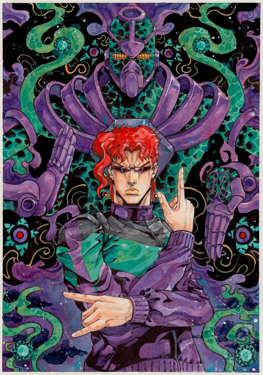 1boy, 1other, \m/, absurdres, alternate_costume, araki_hirohiko_(style), black_jacket, compound_eyes