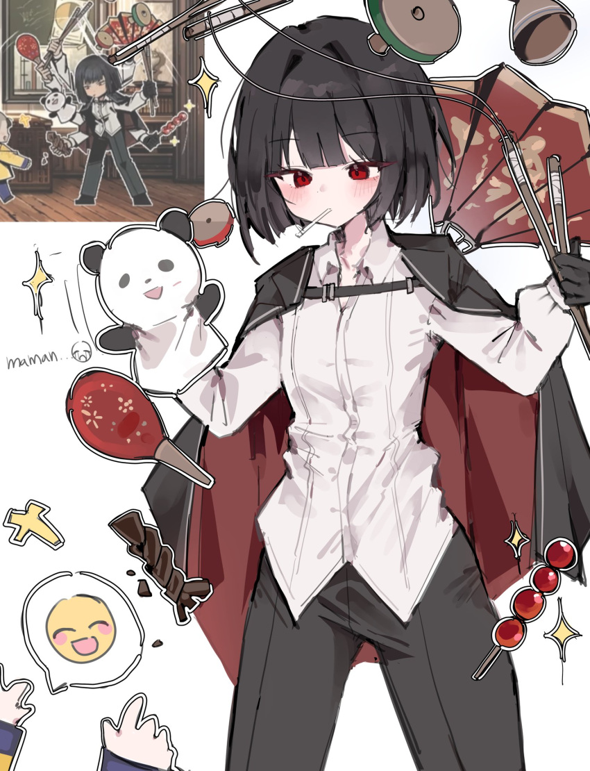 +++, 1girl, a73398190, animal_puppet, black_gloves, black_hair, black_pants, child, gloves, hand_fan, hand_puppet, highres, instrument, jacket, jacket_on_shoulders, limbus_company, long_sleeves, maracas, mouth_hold, panda, pants, project_moon, puppet, red_eyes, ryoshu_(project_moon), screenshot_inset, shirt, simple_background, solo_focus, sparkle, spoken_expression, tanghulu, white_background, white_shirt, yo-yo