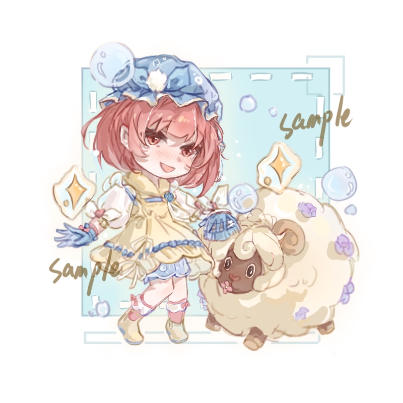 1girl, animal, ascot, blue_background, blue_bow, blue_gloves, blue_hat, blue_shorts