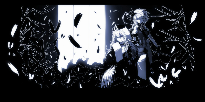 absurdres, alternate_costume, alternate_hairstyle, butterfly, hat, highres, katana, konpaku_youmu, koumajo_densetsu, koumajo_densetsu_2, koumajou_densetsu, koumajou_densetsu_2, long_hair, monochrome, multiple_girls, petals, saigyouji_yuyuko, smile, sword, tan_(carbon), touhou, triangular_headpiece, weapon