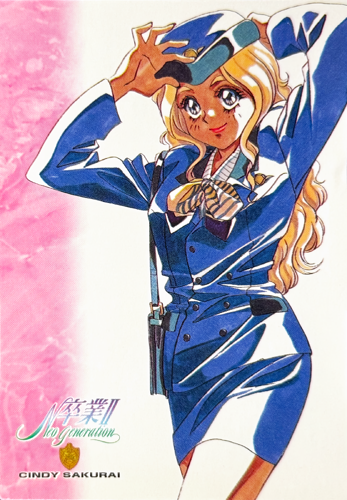 1girl, adjusting_clothes, adjusting_headwear, arms_up, blonde_hair, blue_eyes, blue_skirt, cindy_sakurai, cowboy_shot, graduation_(series), hat, long_hair, long_sleeves, marker_(medium), non-web_source, official_art, pencil_skirt, red_lips, scan, skirt, smile, solo, sotsugyou_ii:_neo_generation, standing, takei_masaki, traditional_media