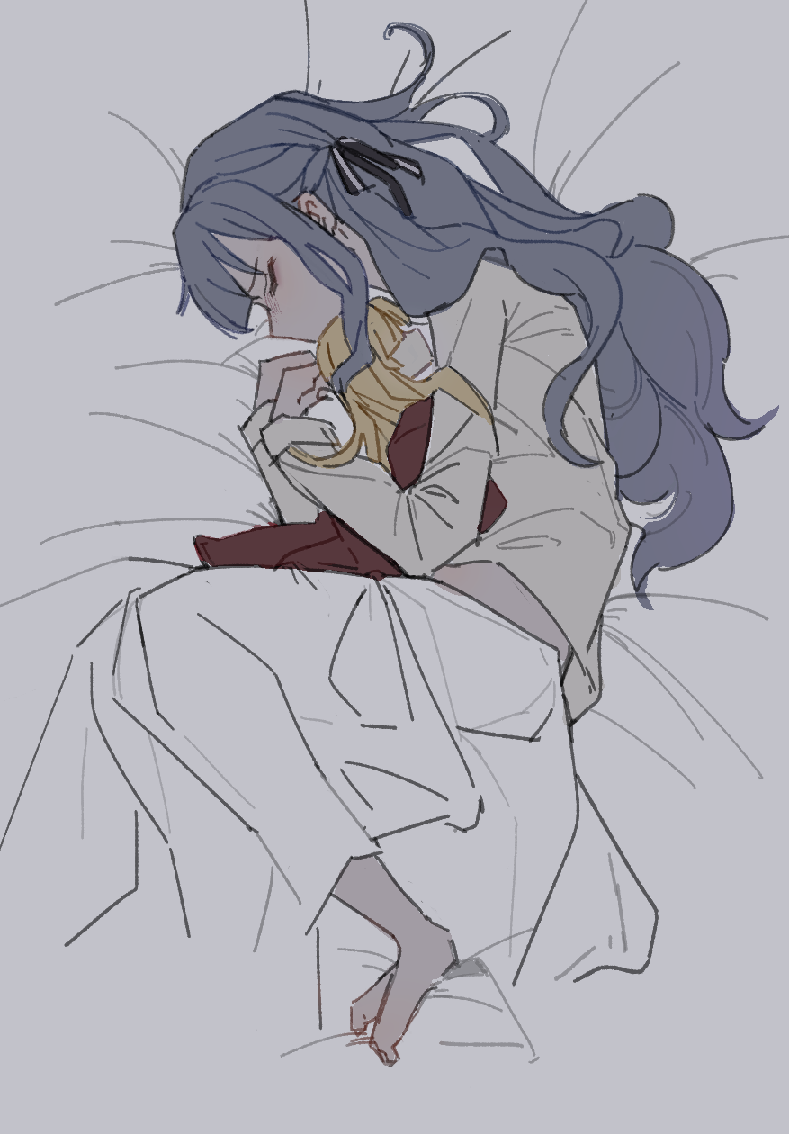 1girl, bang_dream!, bang_dream!_it's_mygo!!!!!, barefoot, bed_sheet, black_ribbon, blonde_hair, blue_hair